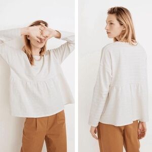 Madewell Neutral Textured Babydoll Long Sleeve Peplum Relaxed Fit Top